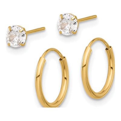 14K Yellow Gold CZ Stud & Endless Hoop Earring Set – view 2