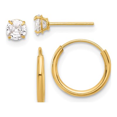 14K Yellow Gold CZ Stud & Endless Hoop Earring Set