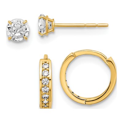 14K Yellow Gold CZ Post & Hoop Earring Set of 2