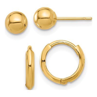 14K Yellow Gold Ball Stud & Hoop Earring Set