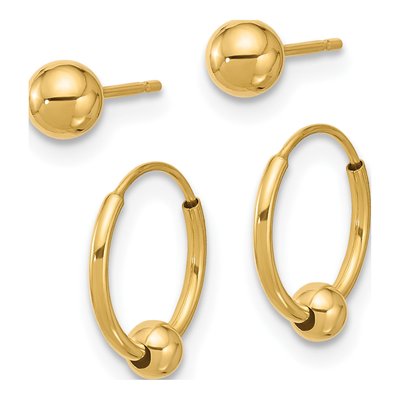 14K Yellow Gold Ball & Beaded Hoop Earring Set – view 2