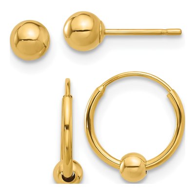 14K Yellow Gold Ball & Beaded Hoop Earring Set