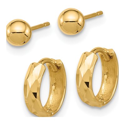 14K Yellow Gold Ball & Diamond-Cut Hoop Earring Set – view 2