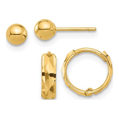 14K Yellow Gold Ball & Diamond-Cut Hoop Earring Set