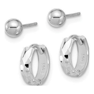 14K White Gold Ball & Diamond-Cut Hoop Earrings Set – view 2