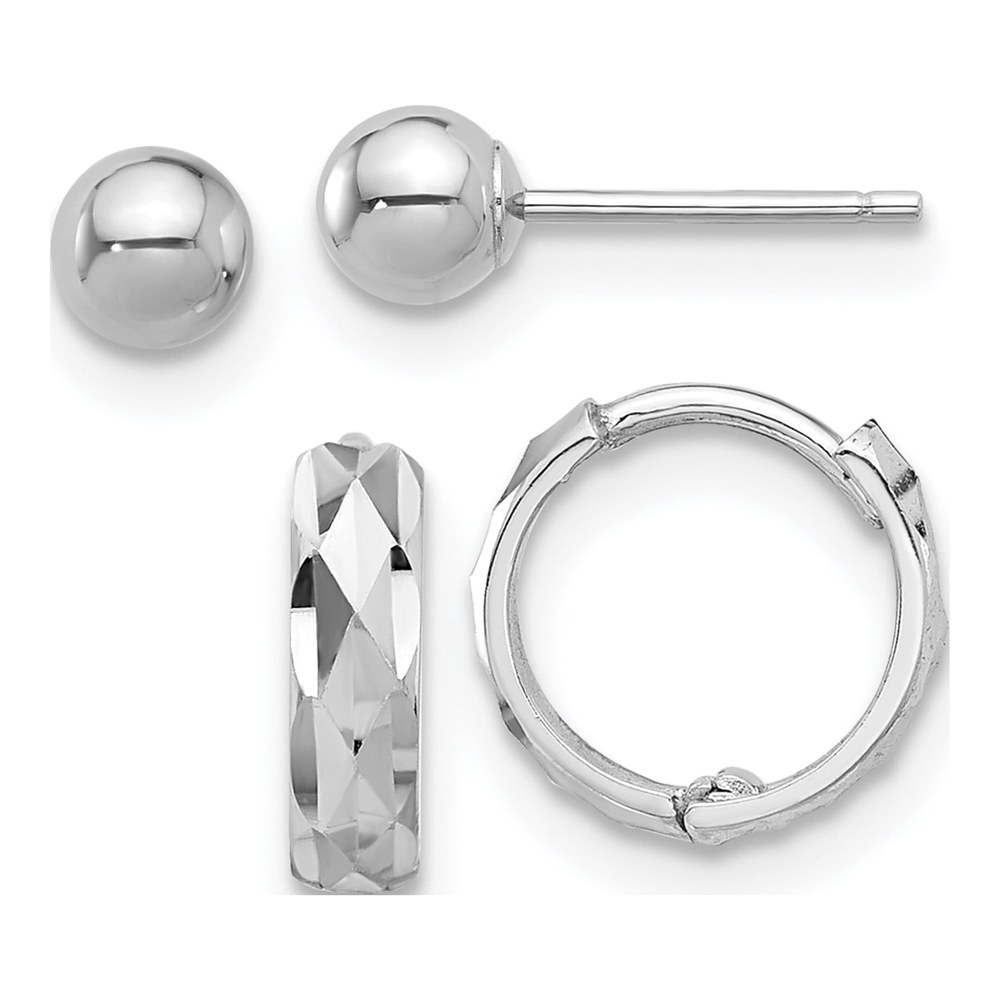 14K White Gold Ball & Diamond-Cut Hoop Earrings Set