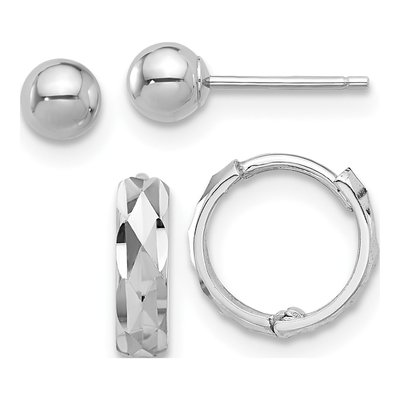 14K White Gold Ball & Diamond-Cut Hoop Earrings Set