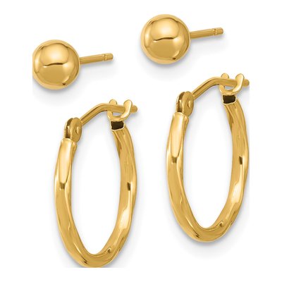 14K Yellow Gold Ball & Twisted Hoop Stud Set – view 2