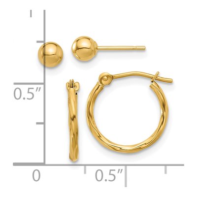 14K Yellow Gold Ball & Twisted Hoop Stud Set – view 4
