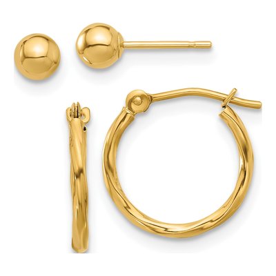 14K Yellow Gold Ball & Twisted Hoop Stud Set