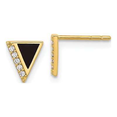 14K Yellow Gold Round CZ Epoxy Triangle Stud Earrings