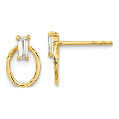 14K Yellow Gold CZ Baguette Oval Dangle Earrings