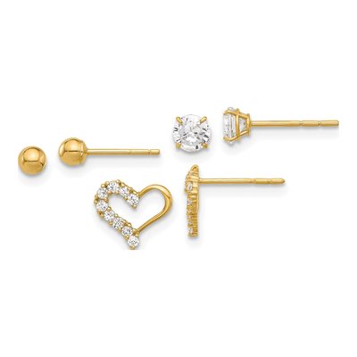 14K Yellow Gold 3-Pair CZ & Ball Stud Earring Set