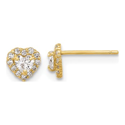 14K Yellow Gold Round CZ Halo Heart Stud Earrings