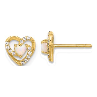 14K Yellow Gold Round Lab-Created Opal & CZ Heart Stud Earrings