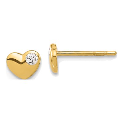 14K Yellow Gold Round CZ Heart Stud Earrings
