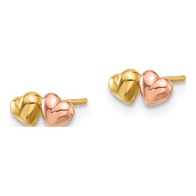 14K Two-Tone Gold Double Hearts Button Stud Earrings – view 2