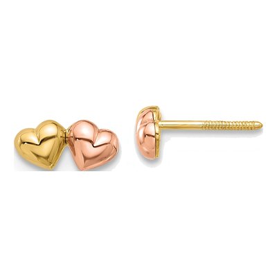 14K Two-Tone Gold Double Hearts Button Stud Earrings