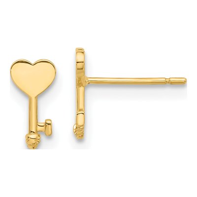 14K Yellow Gold Heart Key Stud Earrings
