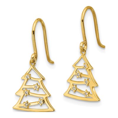 14K Yellow Gold CZ Christmas Tree Dangle Earrings – view 2