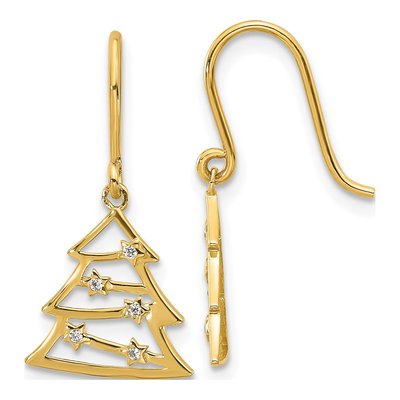 14K Yellow Gold CZ Christmas Tree Dangle Earrings