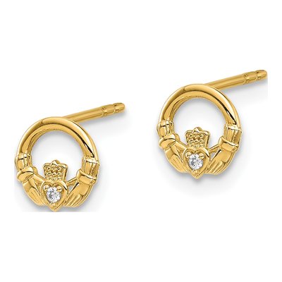 14K Yellow Gold Round CZ Claddagh Stud Earrings – view 2
