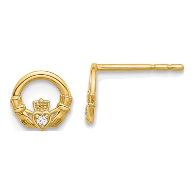 14K Yellow Gold Round CZ Claddagh Stud Earrings