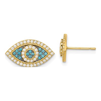 14K Yellow Gold Round CZ Evil Eye Stud Earrings