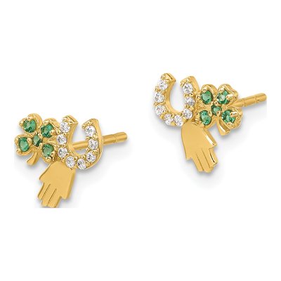 14K Yellow Gold Round CZ Clover Hamsa Stud Earrings – view 2