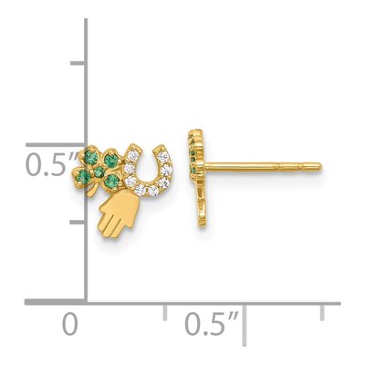 14K Yellow Gold Round CZ Clover Hamsa Stud Earrings – view 4
