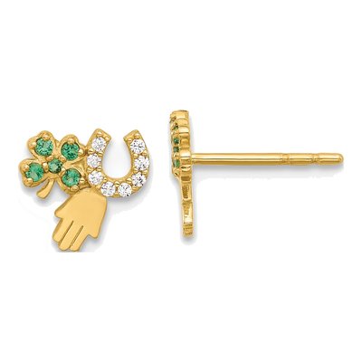 14K Yellow Gold Round CZ Clover Hamsa Stud Earrings
