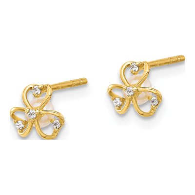 14K Yellow Gold Round Freshwater Cultured Pearl & CZ Clover Stud Earrings – view 2