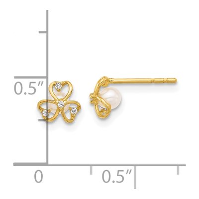 14K Yellow Gold Round Freshwater Cultured Pearl & CZ Clover Stud Earrings – view 4