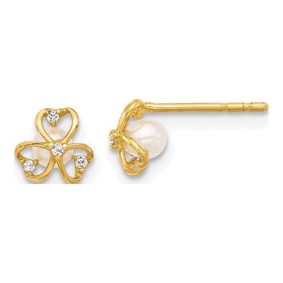 14K Yellow Gold Round Freshwater Cultured Pearl & CZ Clover Stud Earrings