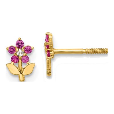 14K Yellow Gold Round CZ Flower Stud Earrings