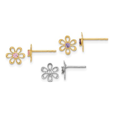 14K Two-Tone Gold CZ Flower Earring Set