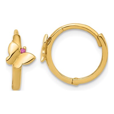 14K Yellow Gold 12mm Pink CZ Butterfly Huggie Hoop Earrings