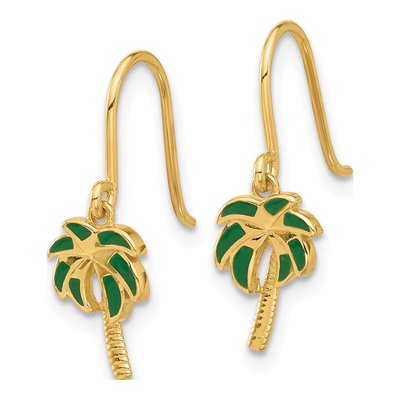 14K Yellow Gold Green Enamel Palm Tree Dangle Earrings – view 2