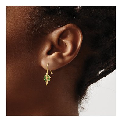 14K Yellow Gold Green Enamel Palm Tree Dangle Earrings – view 3