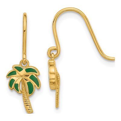 14K Yellow Gold Green Enamel Palm Tree Dangle Earrings