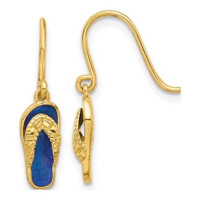 14K Yellow Gold Blue Enamel Flip-Flop Dangle Earrings
