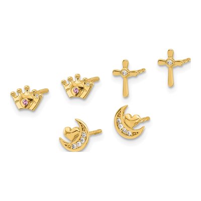 Girls' 14K Gold Moon, Cross & Crown CZ Stud Set – view 2