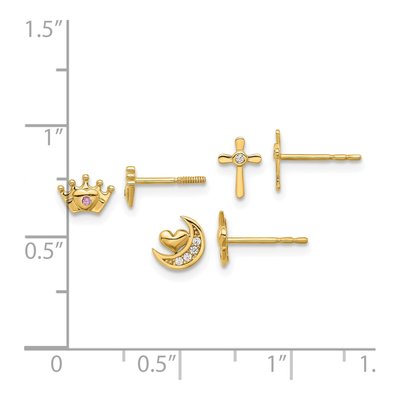 Girls' 14K Gold Moon, Cross & Crown CZ Stud Set – view 4