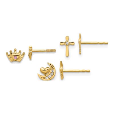 Girls' 14K Gold Moon, Cross & Crown CZ Stud Set