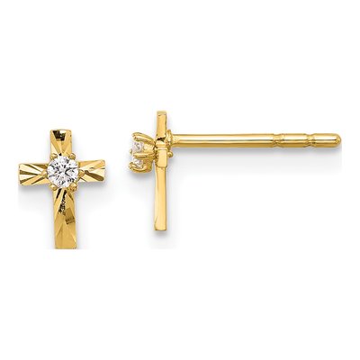 14K Yellow Gold Round CZ Mini Cross Stud Earrings