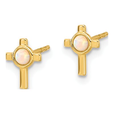14K Yellow Gold Round Lab-Created Opal Cross Stud Earrings – view 2