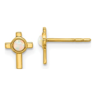 14K Yellow Gold Round Lab-Created Opal Cross Stud Earrings