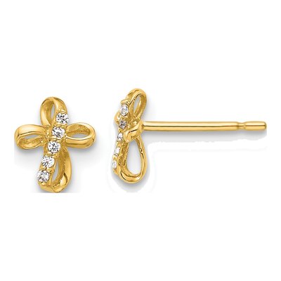 14K Yellow Gold Round CZ Mini Cross Stud Earrings
