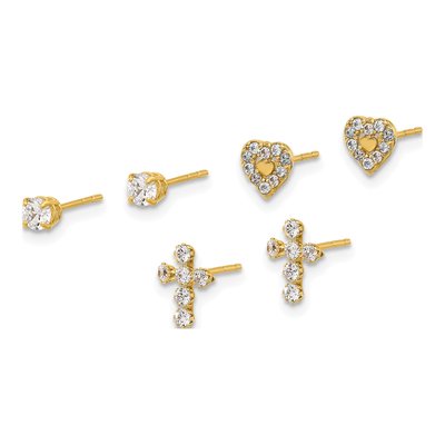 14K Yellow Gold 3-Pair CZ Cross Heart Stud Set – view 2