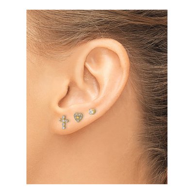 14K Yellow Gold 3-Pair CZ Cross Heart Stud Set – view 3